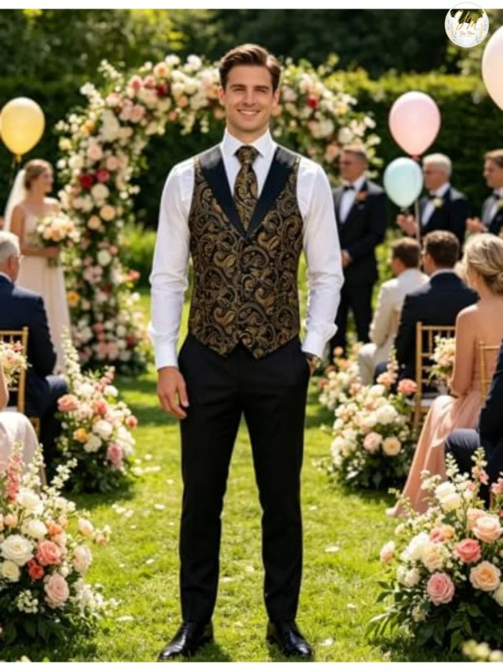 Mens Paisley Suit Vest Set Silk Jacquard Waistcoat Necktie 7 Piece Wedding Party
